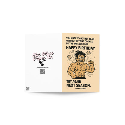 Buff cartoon raver character looking angry and smoky, with birthday text about surviving bass drops, in a humorous EDM-themed birthday card style.