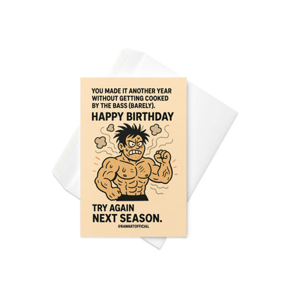 Buff cartoon raver character looking angry and smoky, with birthday text about surviving bass drops, in a humorous EDM-themed birthday card style.