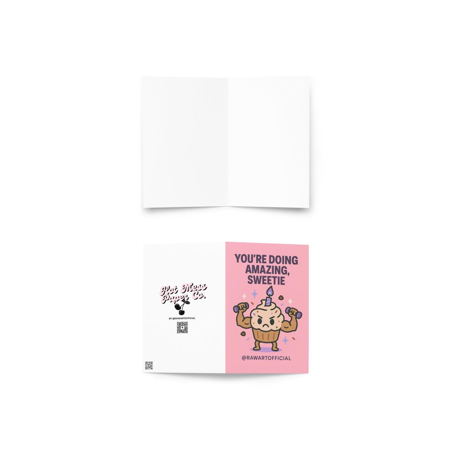 Cute pink card with a buff cupcake lifting dumbbells under the text “You’re Doing Amazing, Sweetie.”