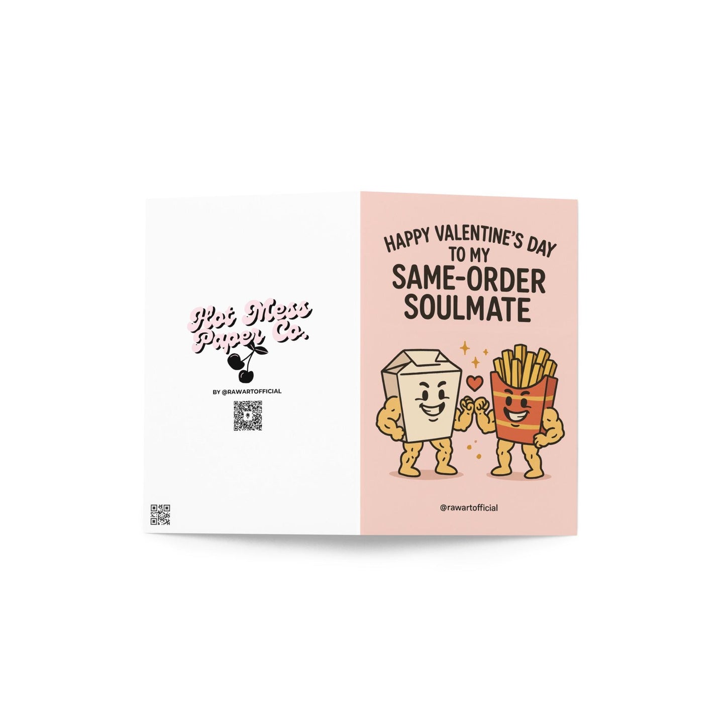 Funny greeting card reading “Same Order Soulmate” with cartoon takeout box and fries fist-bumping on a pink background.