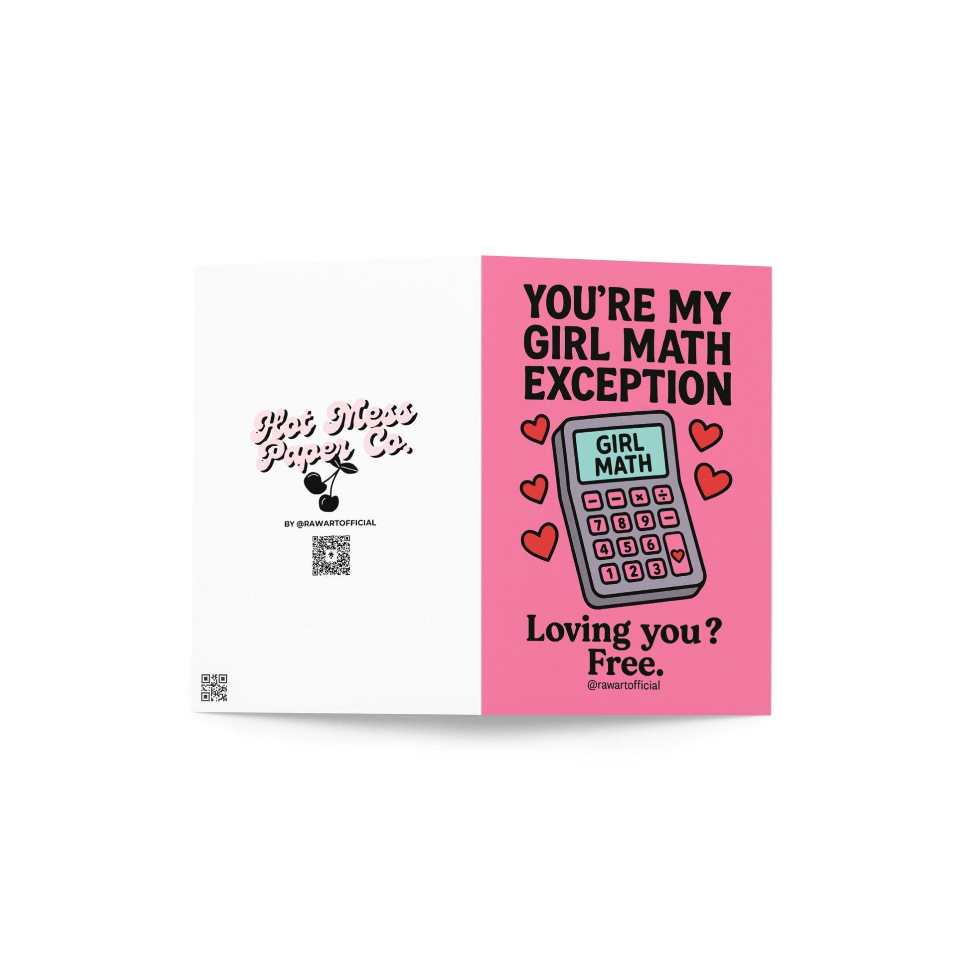 Funny greeting card reading “You’re My Girl Math Exception” with a cartoon calculator labeled “Girl Math” on a pink background.
