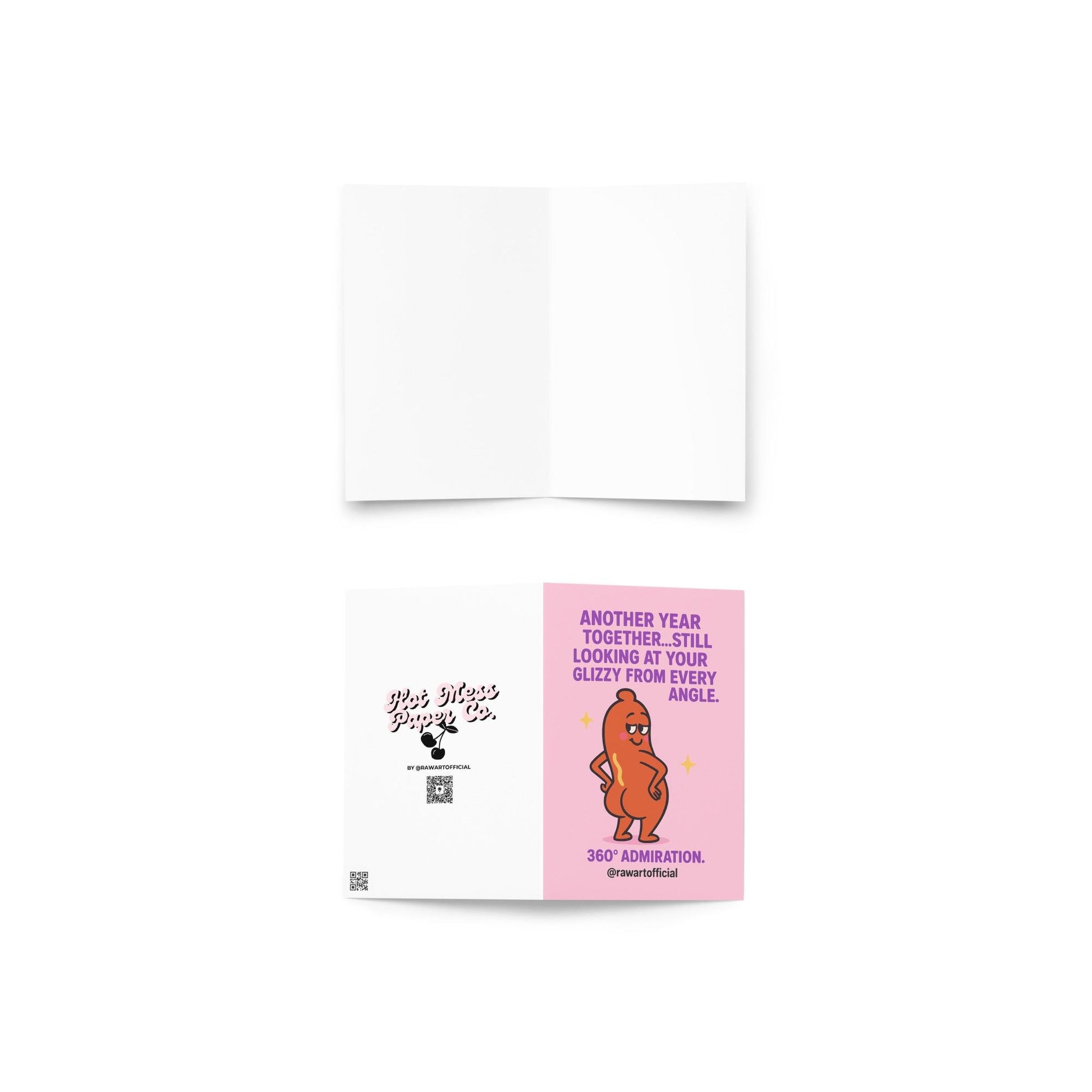 Buff cartoon hot dog posing confidently with sparkles, pink background, funny anniversary message in bold text.