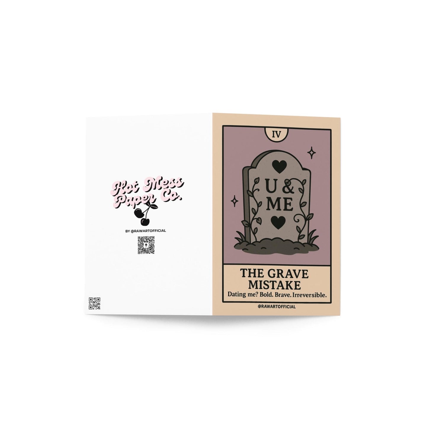 Gravestone with “U & ME” carved on it, tarot-style spooky Valentine with dark romantic caption.