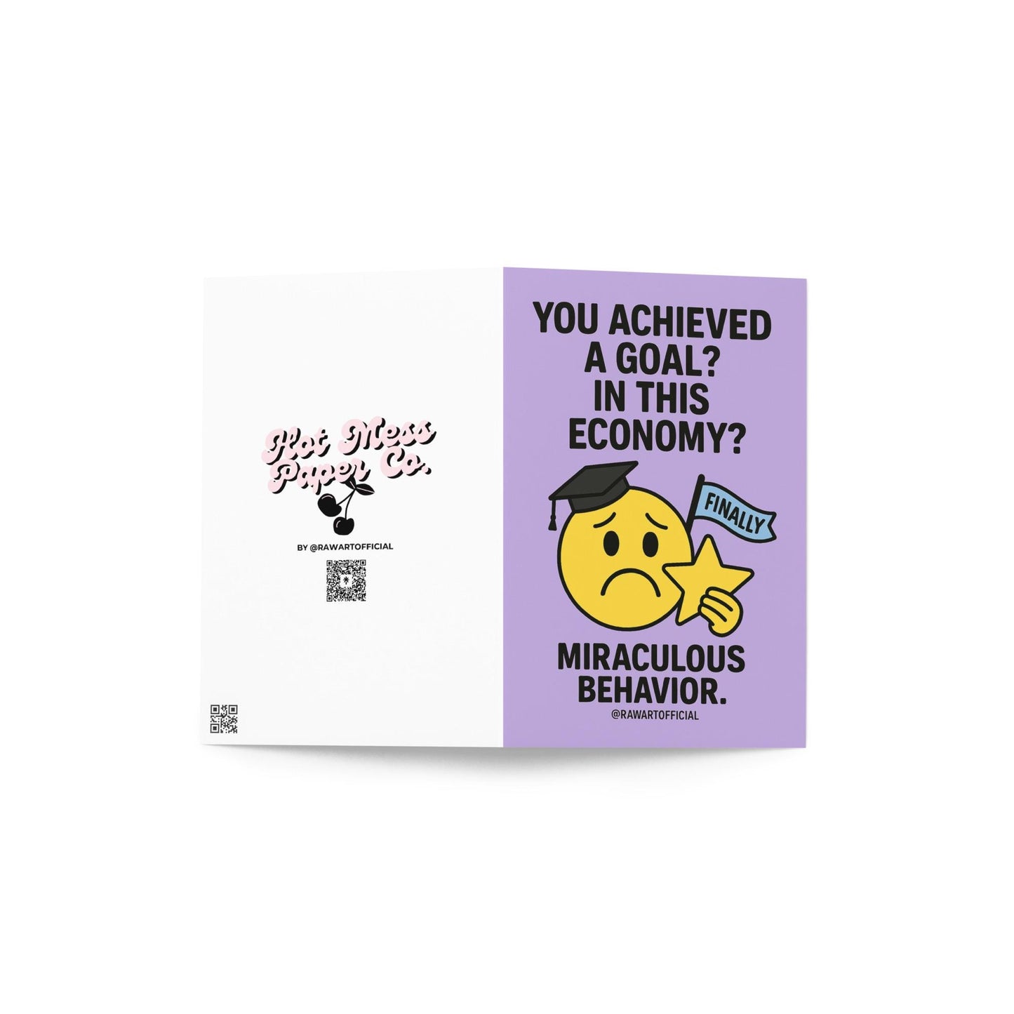 Funny graduation card with sad emoji in grad cap holding star and “In This Economy?” joke.