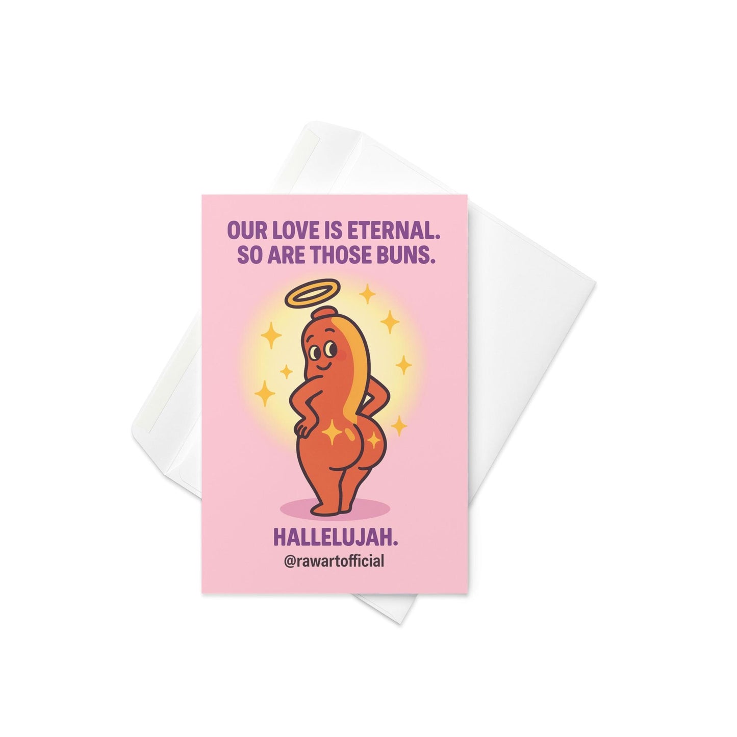 Cartoon angel hot dog showing off glowing buns with sparkles, humorous anniversary card by @rawartofficial.
