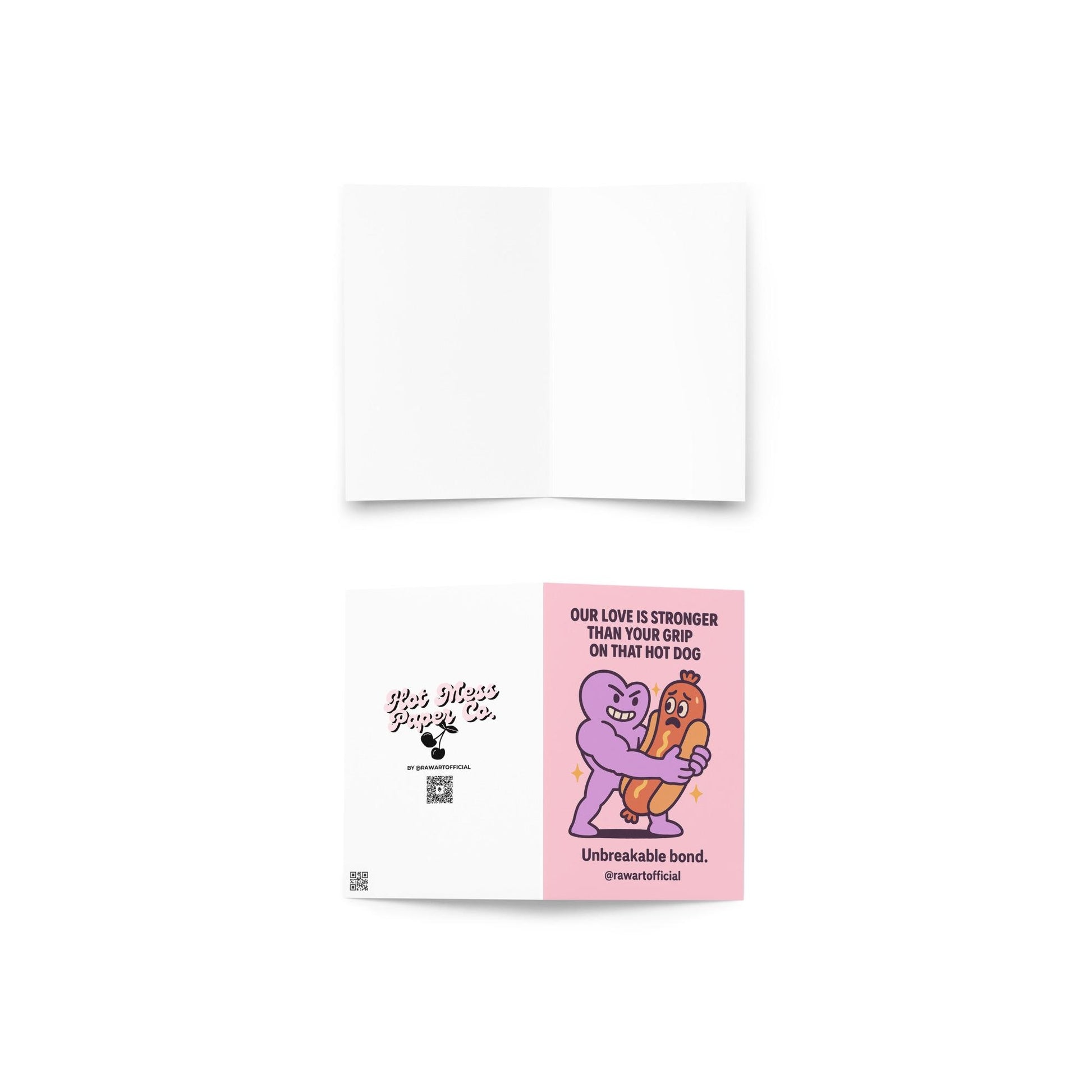 Buff purple heart hugging a scared cartoon hot dog on a pink background, humorous love card by @rawartofficial.
