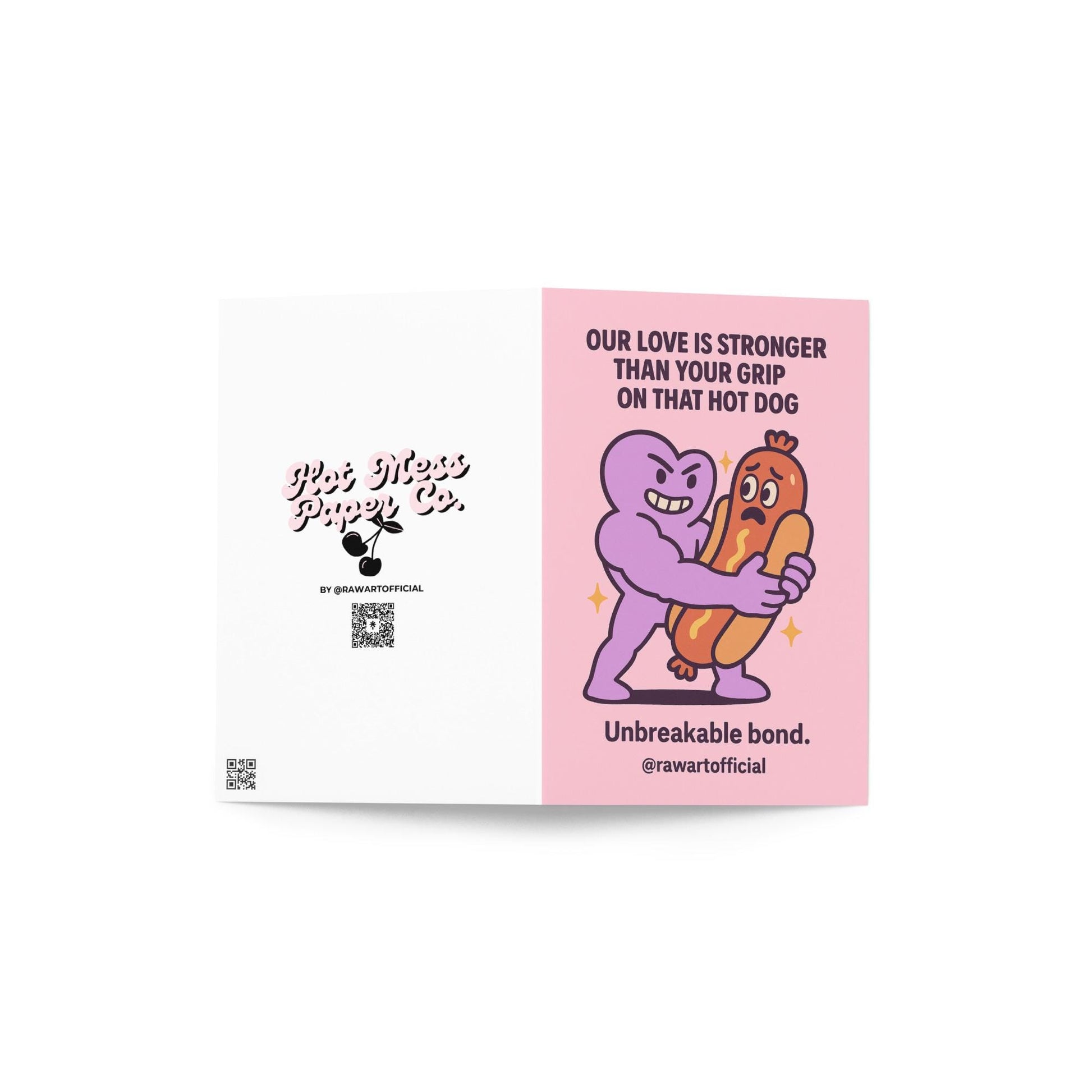 Buff purple heart hugging a scared cartoon hot dog on a pink background, humorous love card by @rawartofficial.