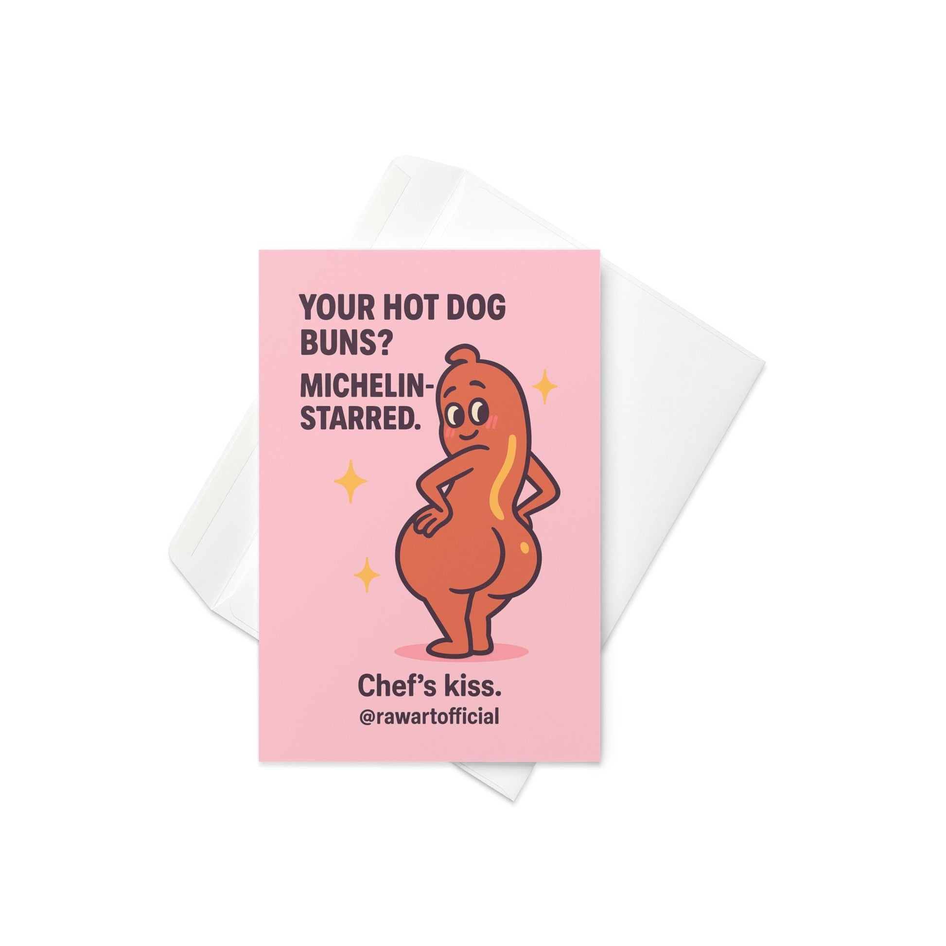 Flirty cartoon hot dog posing with big buns and sparkles on a pink Valentine or Anniversary card.