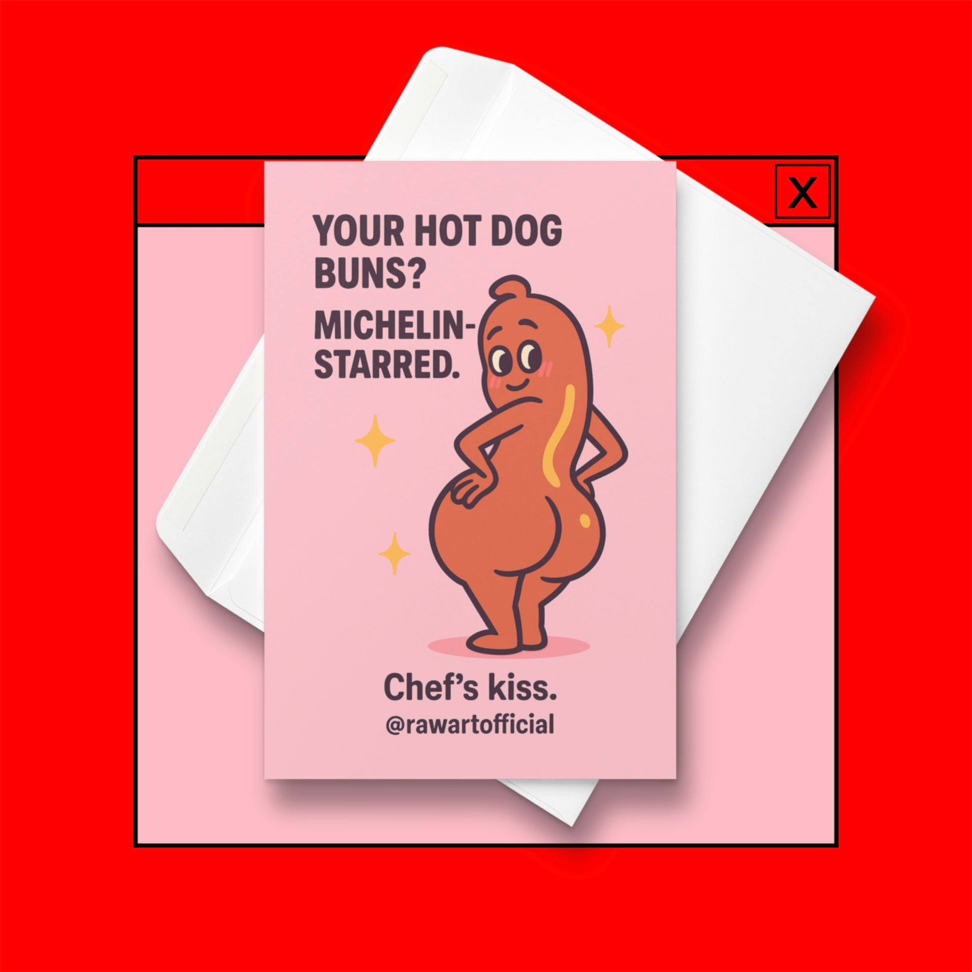 Flirty cartoon hot dog posing with big buns and sparkles on a pink Valentine or Anniversary card.