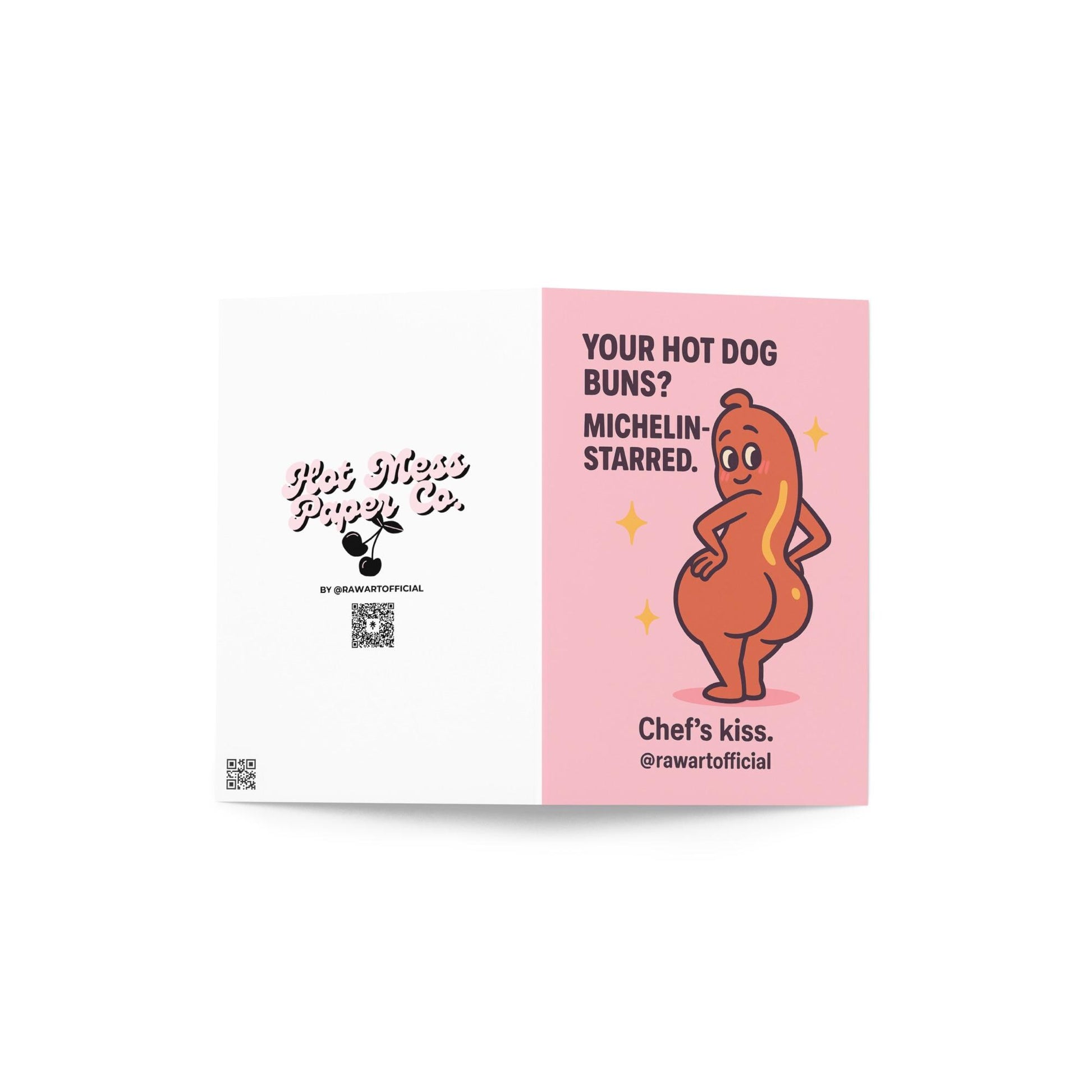 Flirty cartoon hot dog posing with big buns and sparkles on a pink Valentine or Anniversary card.