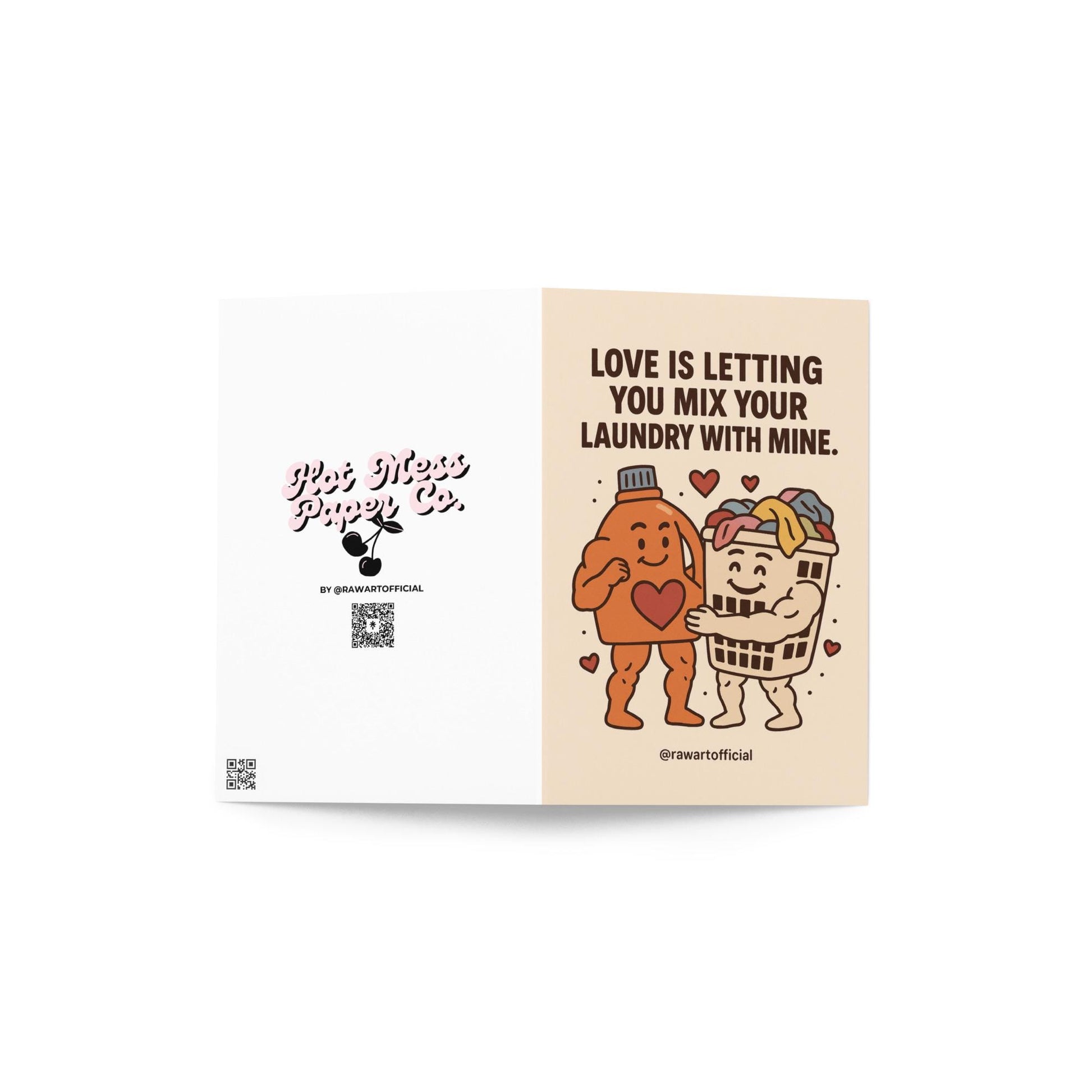 Funny anniversary or Valentines card with laundry characters and text “Love is letting you mix your laundry with mine.”