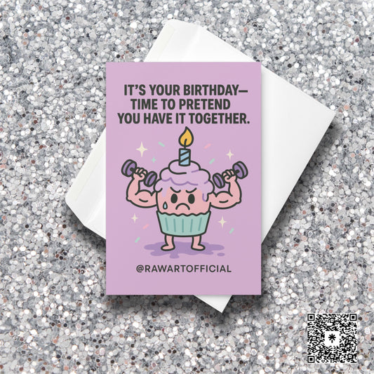 Funny birthday card with muscle cupcake lifting weights and sweating under a birthday candle.