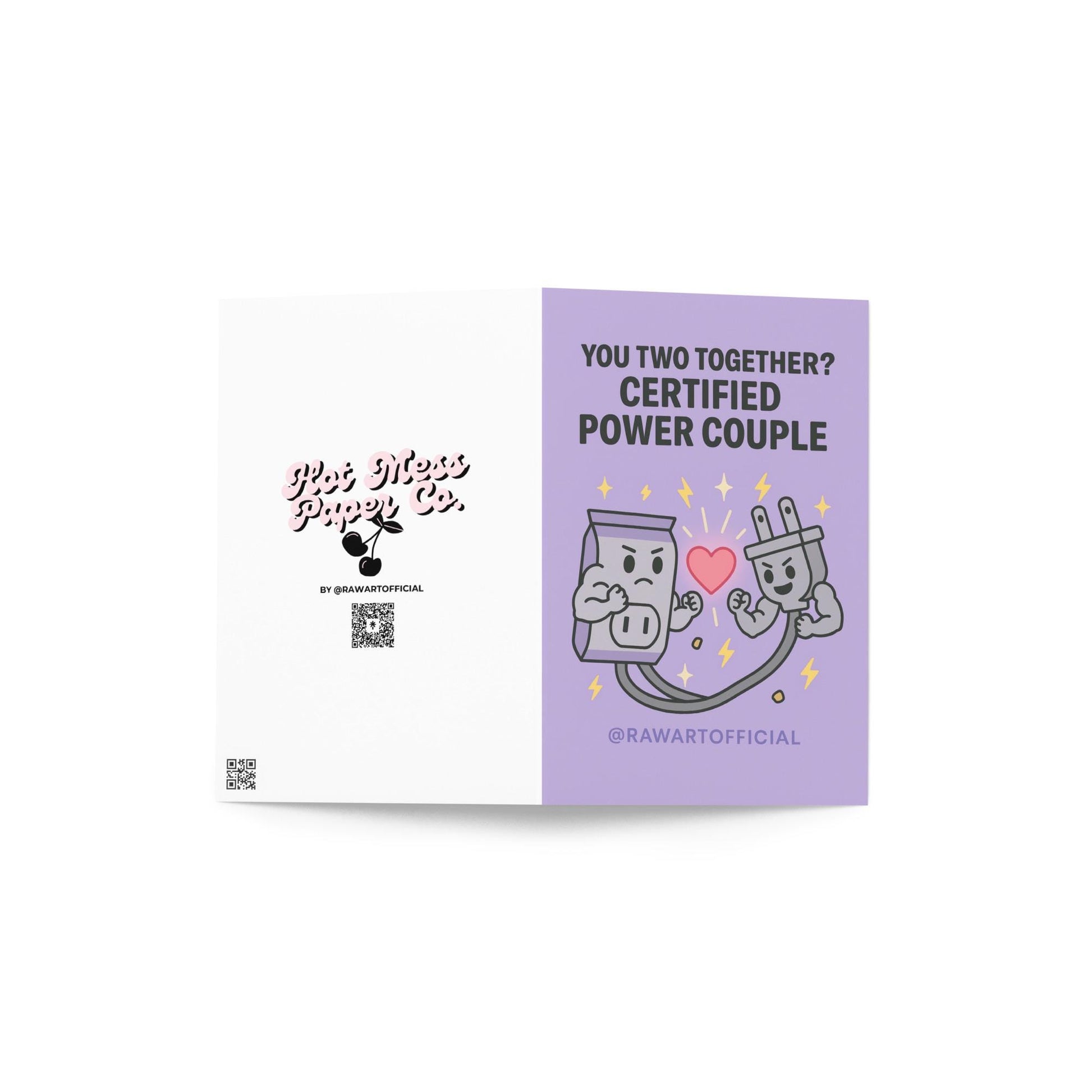 Funny wedding card with buff outlet and plug flexing with a heart, labeled “Certified Power Couple.”
