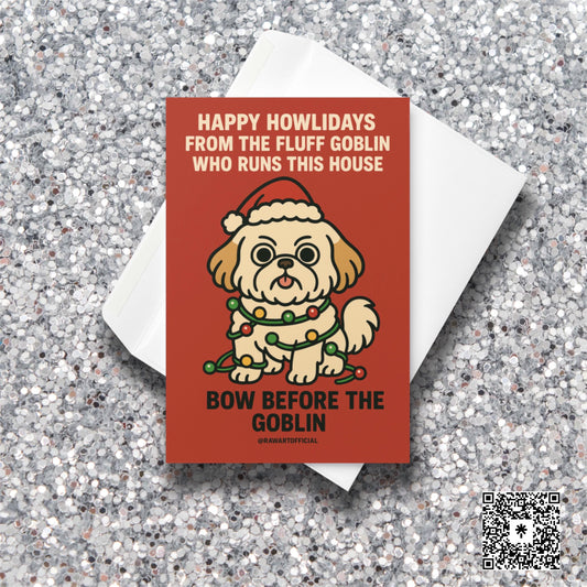 Illustration of an annoyed Shih Tzu in a Santa hat wrapped in Christmas lights on a red background with bold text saying “Happy Howlidays from the Fluff Goblin.”