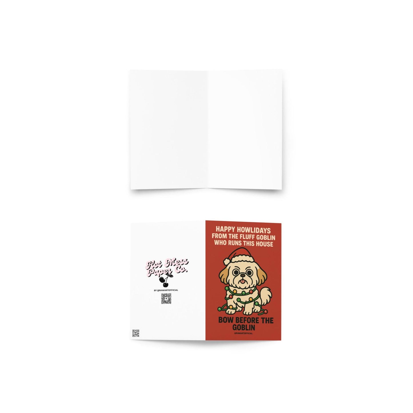 Funny Shih Tzu Christmas card with dog wearing Santa hat tangled in lights and text “Happy Howlidays From the Fluff Goblin Who Runs This House Bow Before the Goblin.”