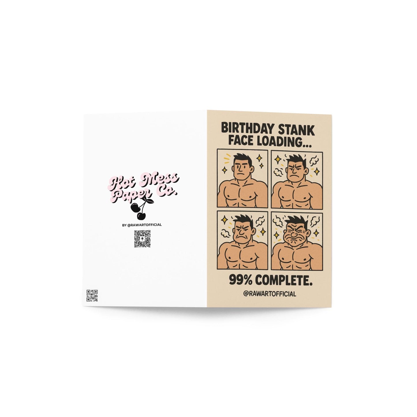 Muscular man comic panels showing stank face loading progression with birthday humor text.