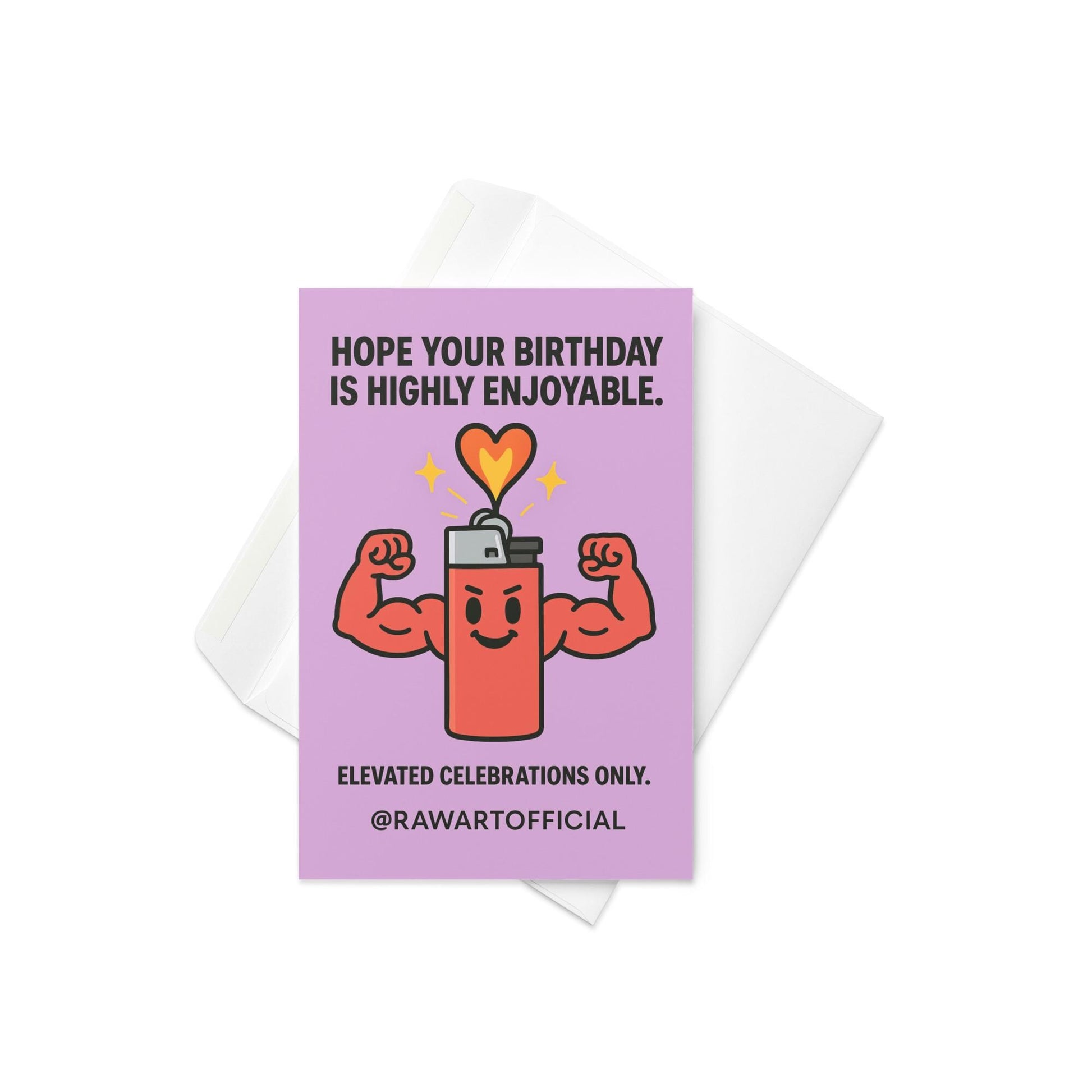 Buff red lighter flexing muscles with heart flame, funny stoner birthday card illustration.