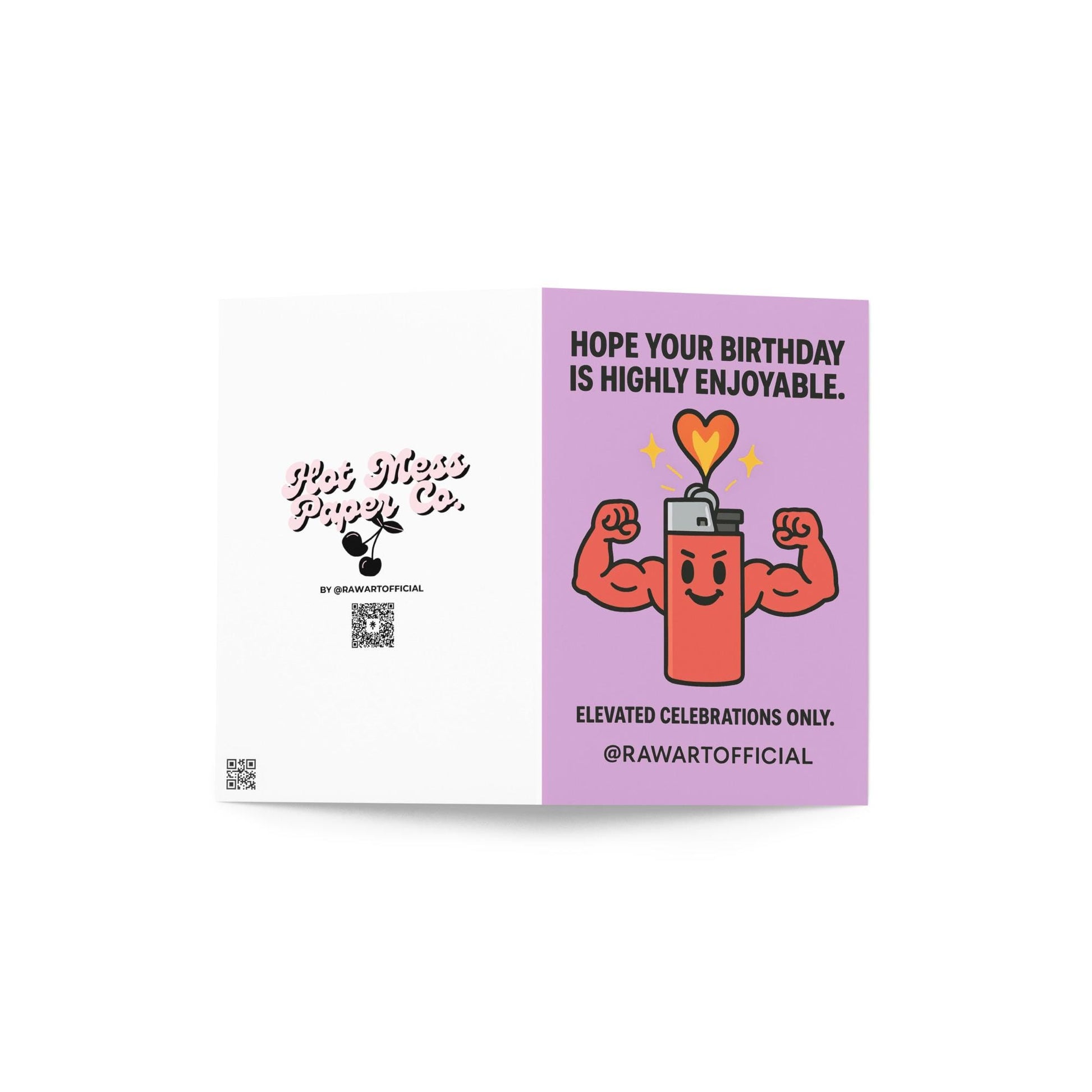 Buff red lighter flexing muscles with heart flame, funny stoner birthday card illustration.