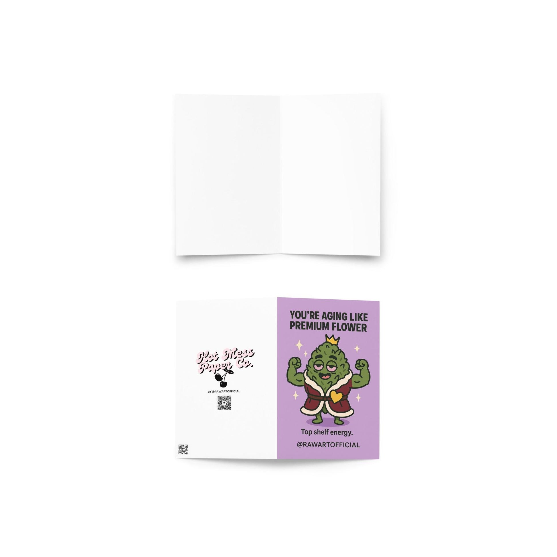 Buff weed nug wearing crown and robe flexing muscles on purple background, stoner birthday card.