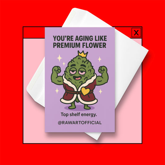 Buff weed nug wearing crown and robe flexing muscles on purple background, stoner birthday card.