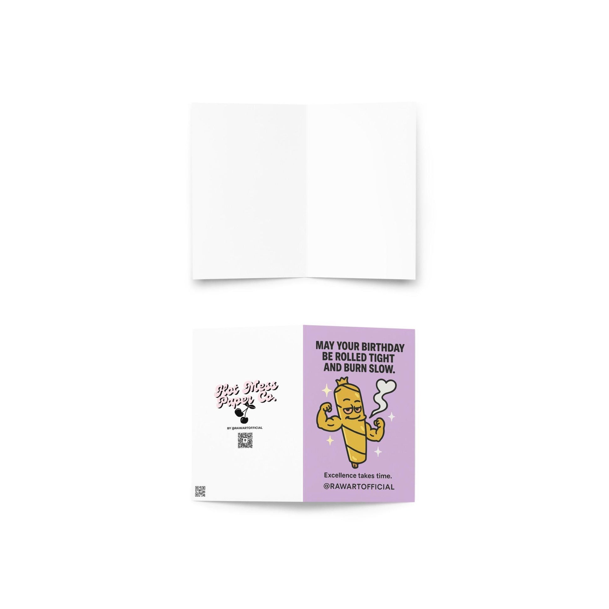 Funny stoner birthday card with a flexing cartoon joint and smoke heart on purple background, text “Rolled Tight and Burn Slow,” @rawartofficial.