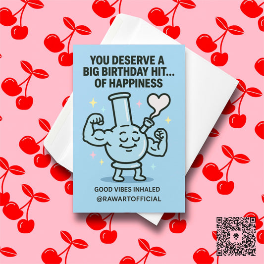 Buff cartoon bong flexing with heart-shaped smoke on a blue stoner birthday card by @rawartofficial.