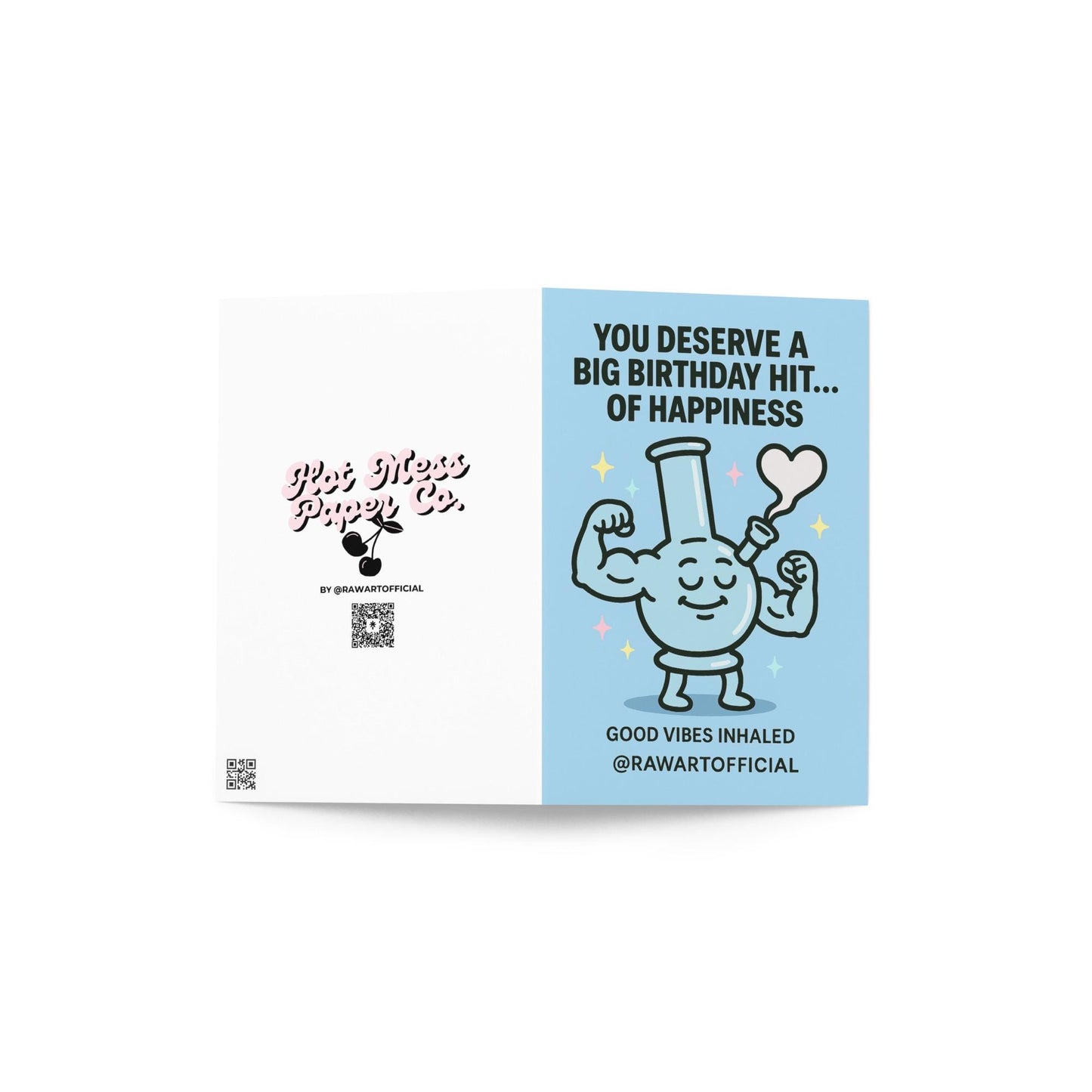 Buff cartoon bong flexing with heart-shaped smoke on a blue stoner birthday card by @rawartofficial.