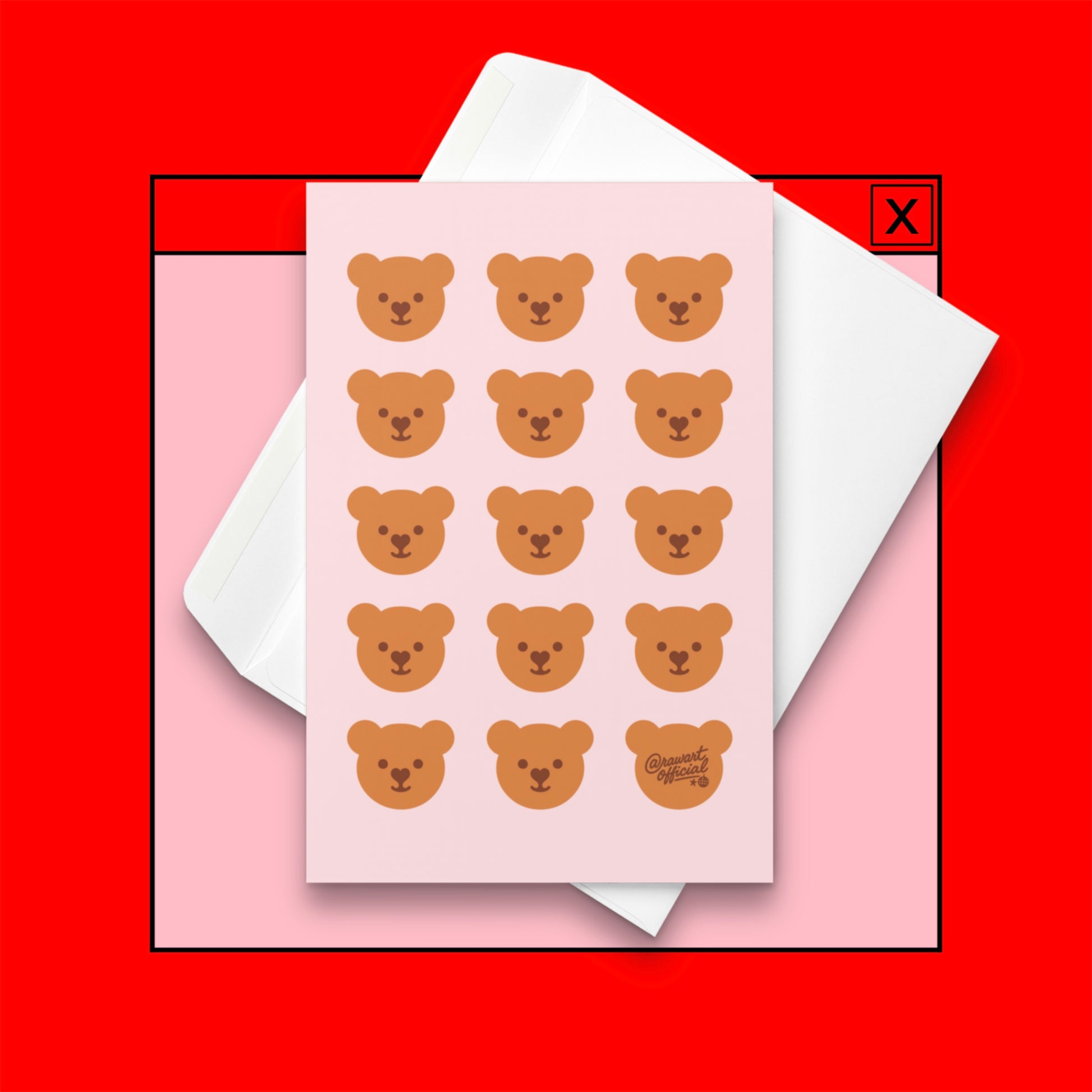 Pink card with repeating kawaii teddy bear faces in rows, one signed @rawartofficial.
