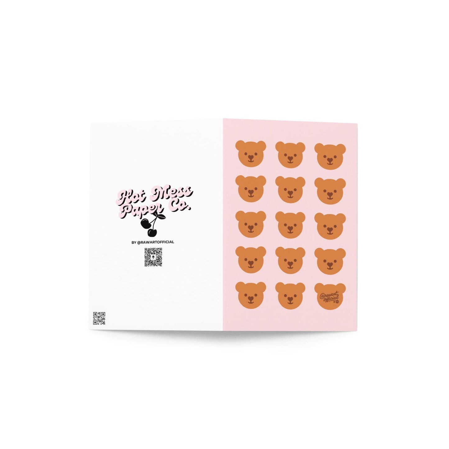 Pink card with repeating kawaii teddy bear faces in rows, one signed @rawartofficial.