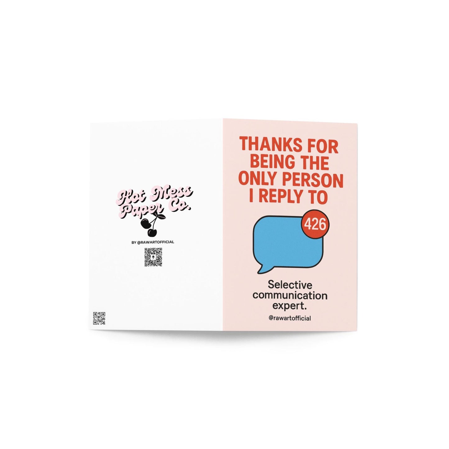 Minimal thank you card featuring bold text about being the only person replied to with a message bubble icon showing 426 notifications.