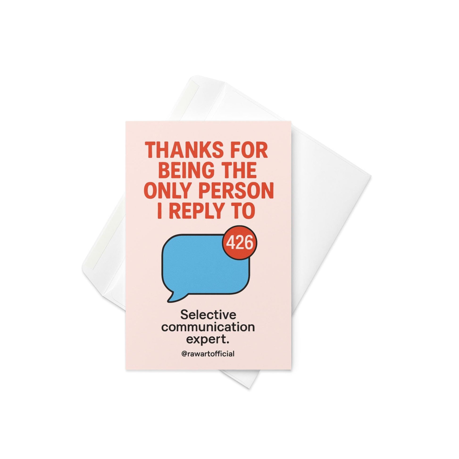Minimal thank you card featuring bold text about being the only person replied to with a message bubble icon showing 426 notifications.