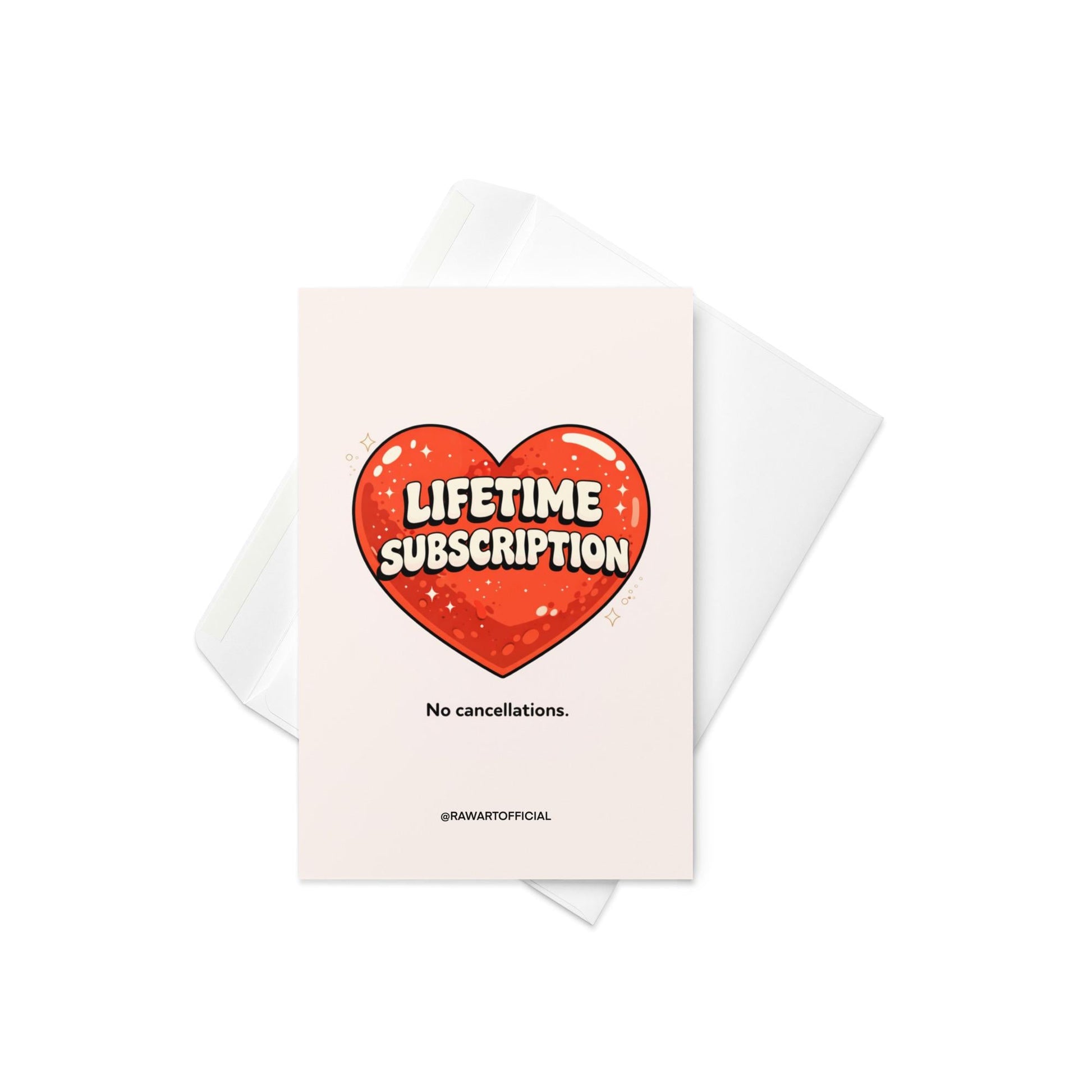 Funny wedding card with red heart and text lifetime subscription no cancellations modern newlywed humor design