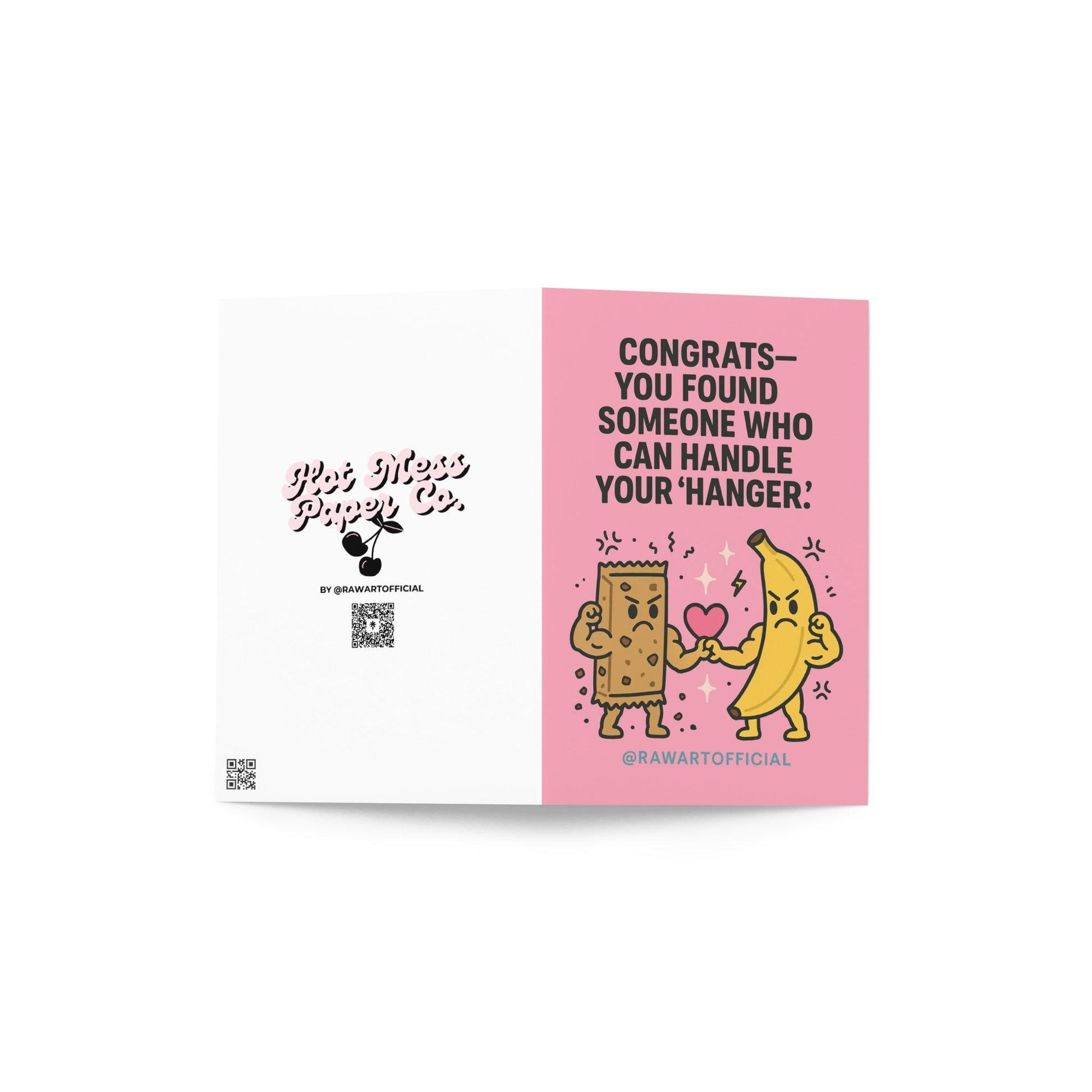 Cute pink wedding card with angry banana and granola bar holding a heart, hanger humor illustration.