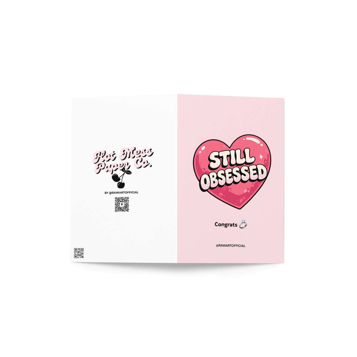 Funny wedding congratulations and anniversary card with pink heart and text still obsessed modern love humor design