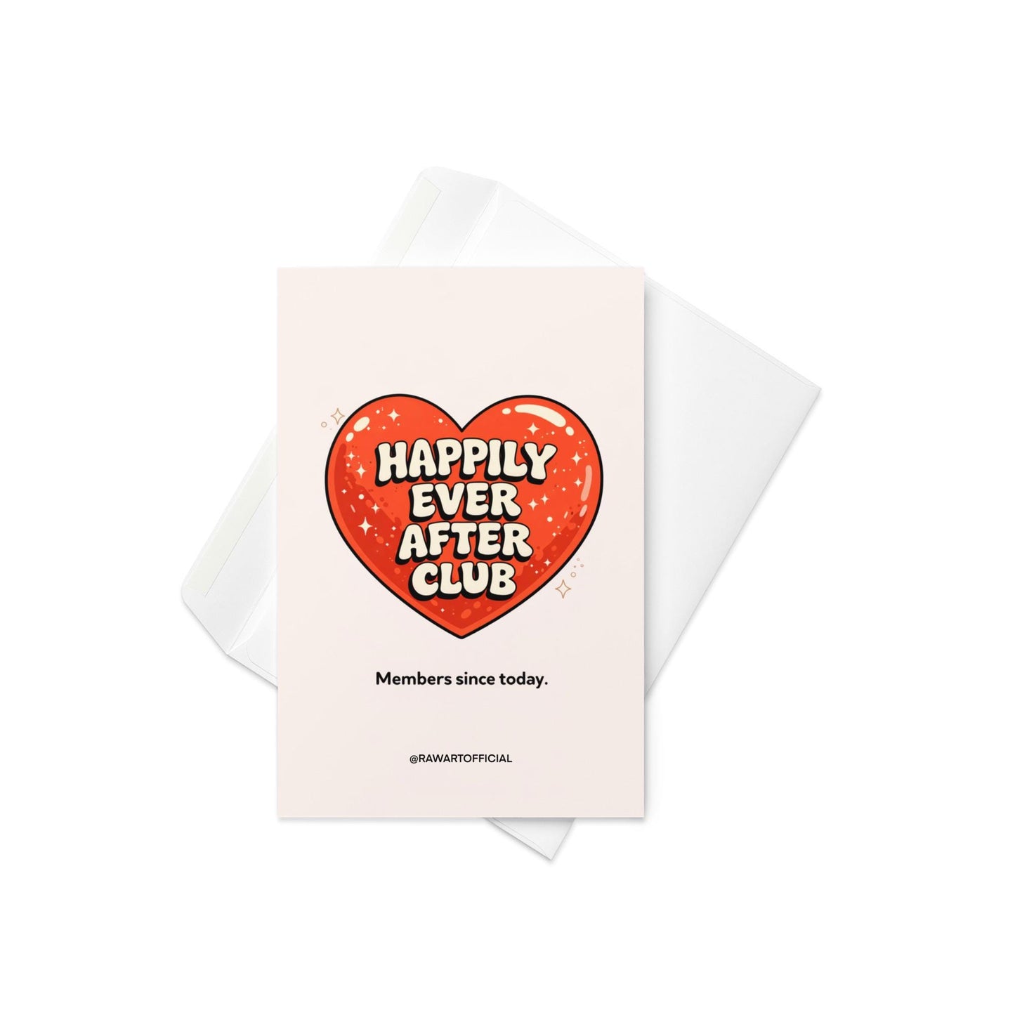 Funny wedding congratulations card with red heart and text happily ever after club members since today modern wedding humor design