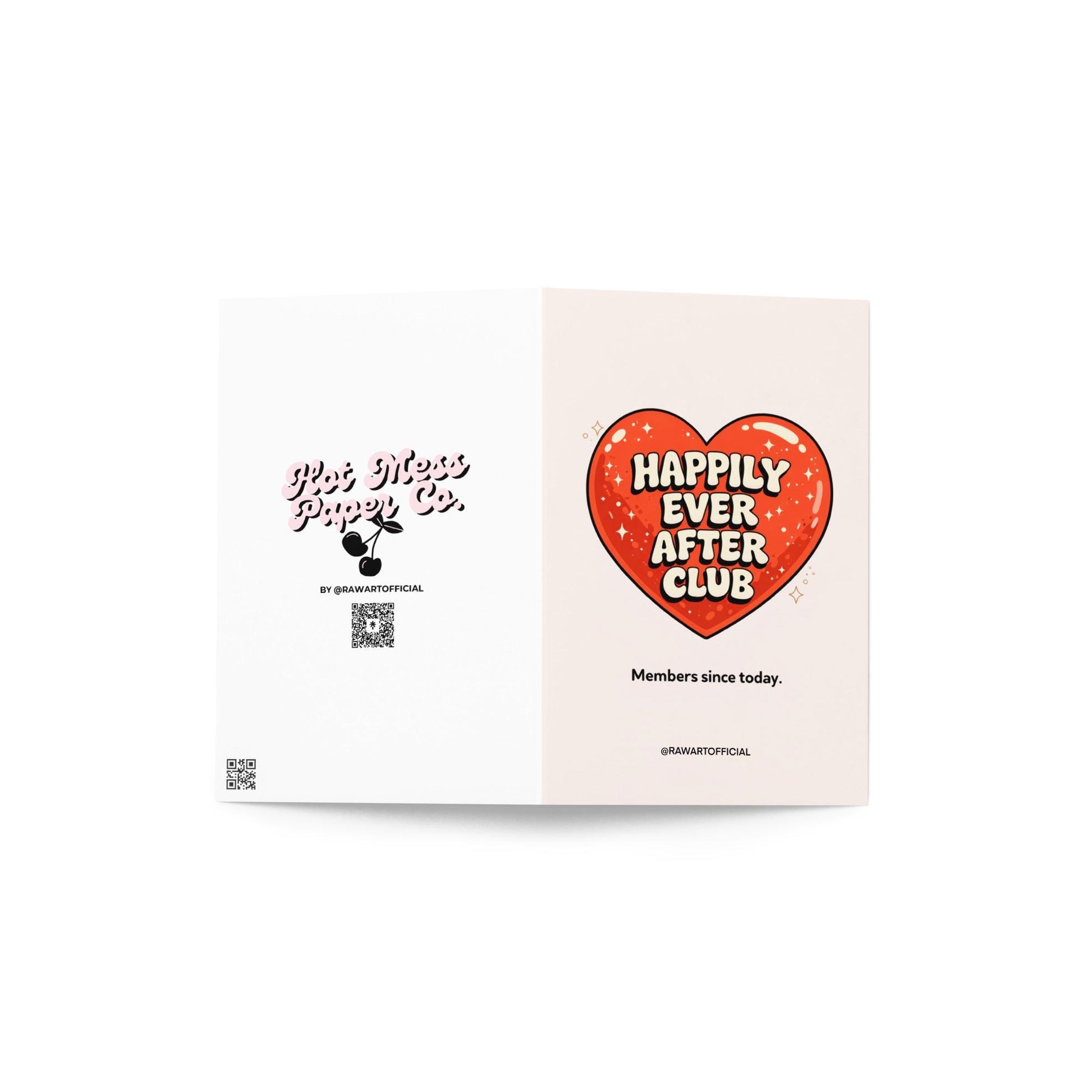 Funny wedding congratulations card with red heart and text happily ever after club members since today modern wedding humor design