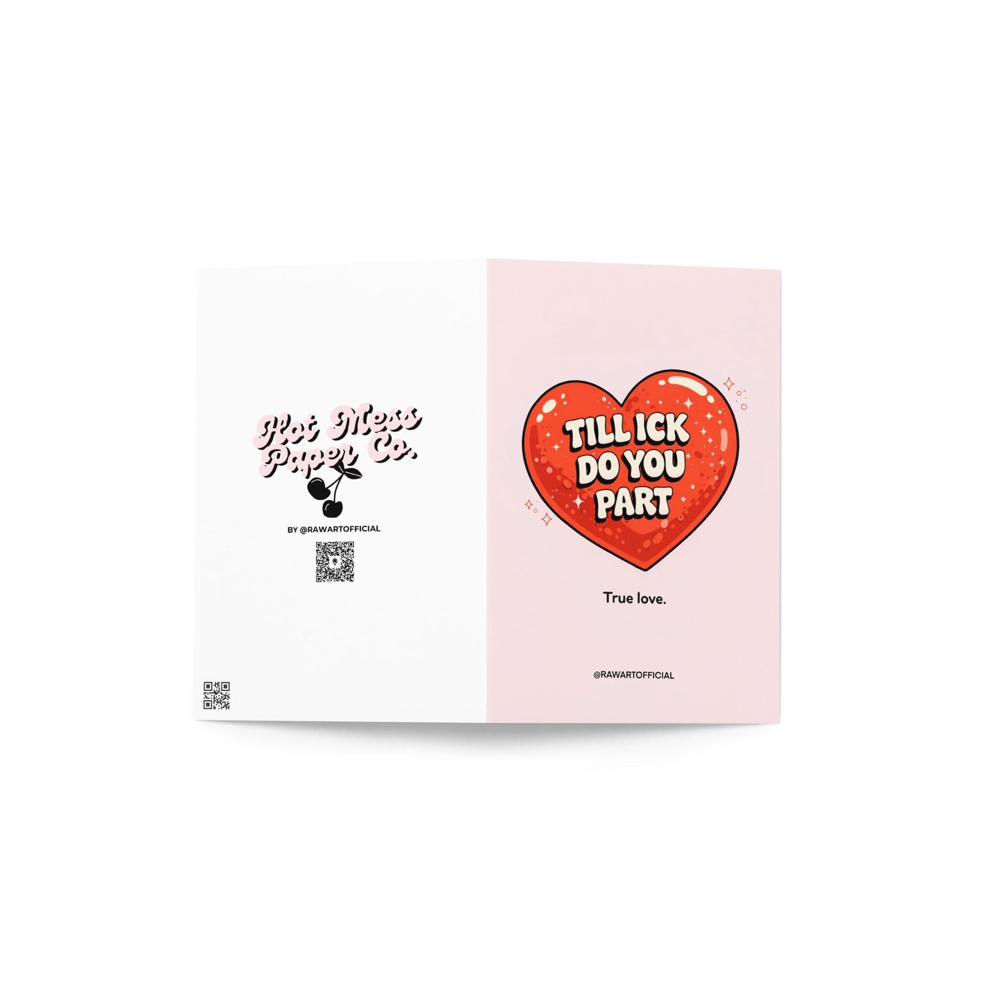 Funny wedding valentine and anniversary card with red heart and text till ick do you part true love modern relationship humor design