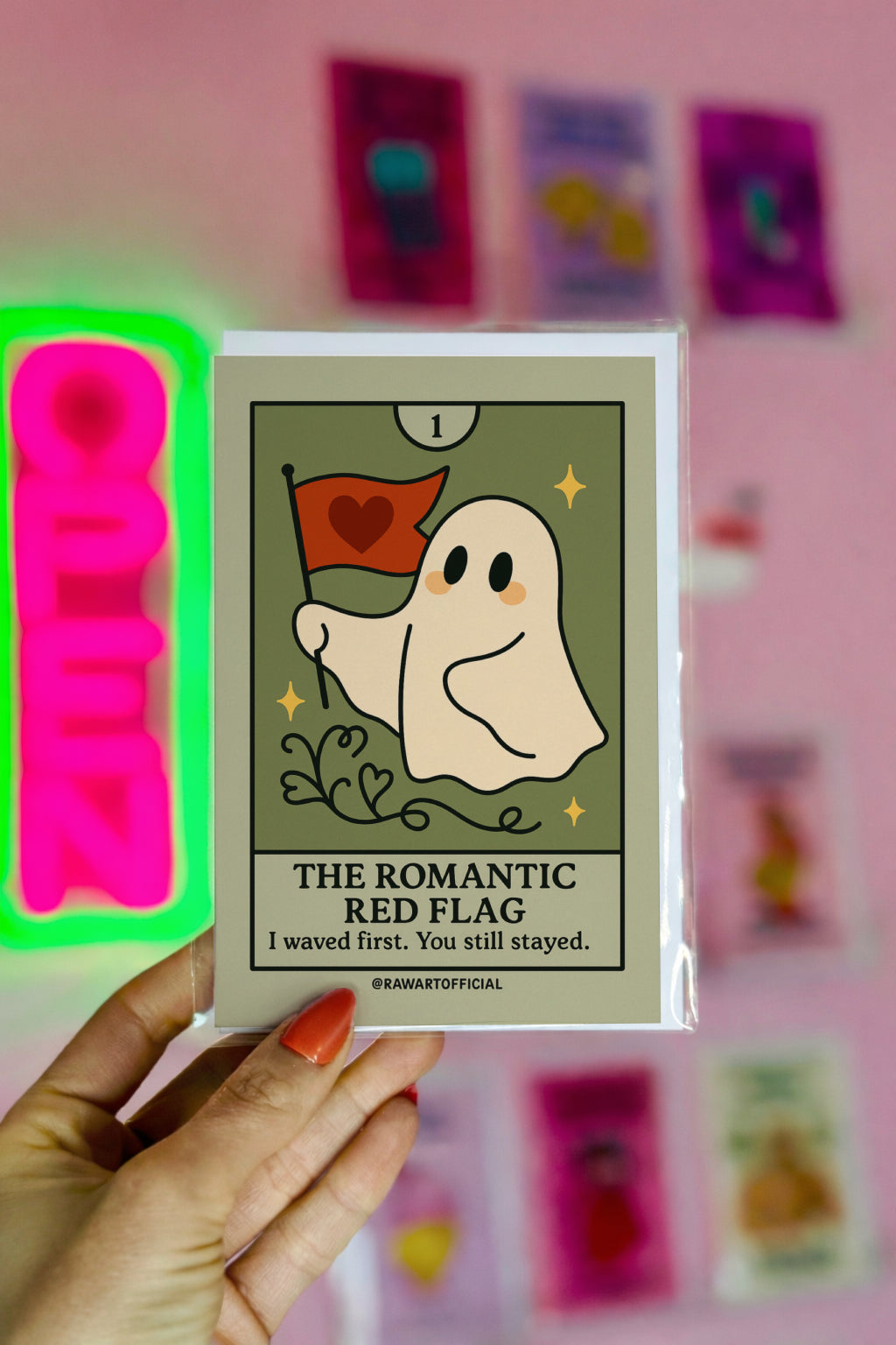 Cute ghost waving a red heart flag with the caption “I waved first. You still stayed.” Tarot-style.