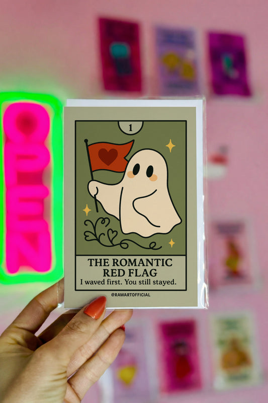 Cute ghost waving a red heart flag with the caption “I waved first. You still stayed.” Tarot-style.