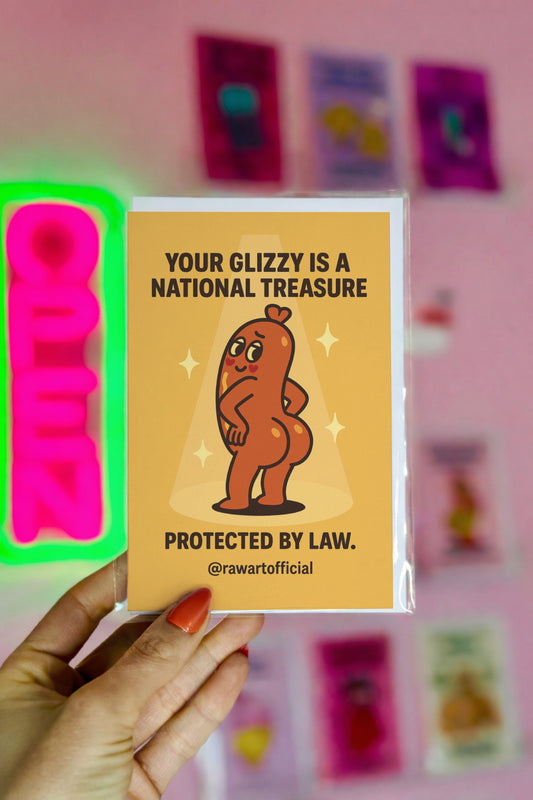 Funny lovecard with a posing cartoon hot dog under a spotlight, celebrating buns as a national treasure.