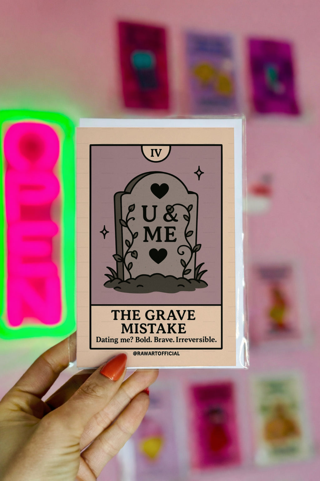 Gravestone with “U & ME” carved on it, tarot-style spooky Valentine with dark romantic caption.