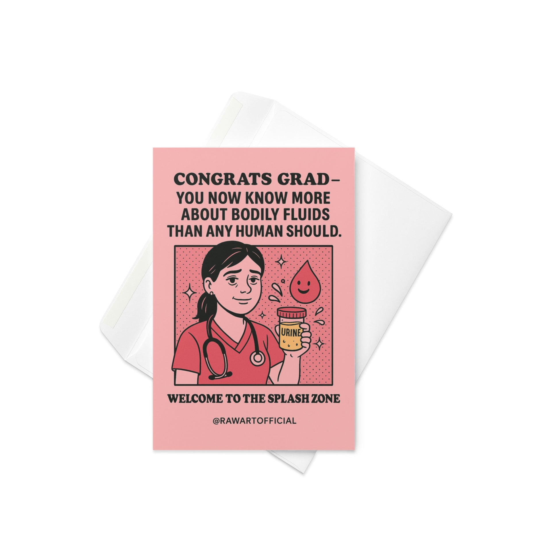 Funny nurse graduation card with medical worker holding specimen cup and sarcastic message