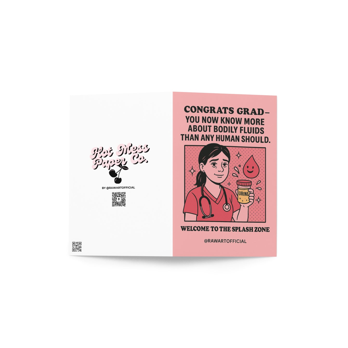 Funny nurse graduation card with medical worker holding specimen cup and sarcastic message