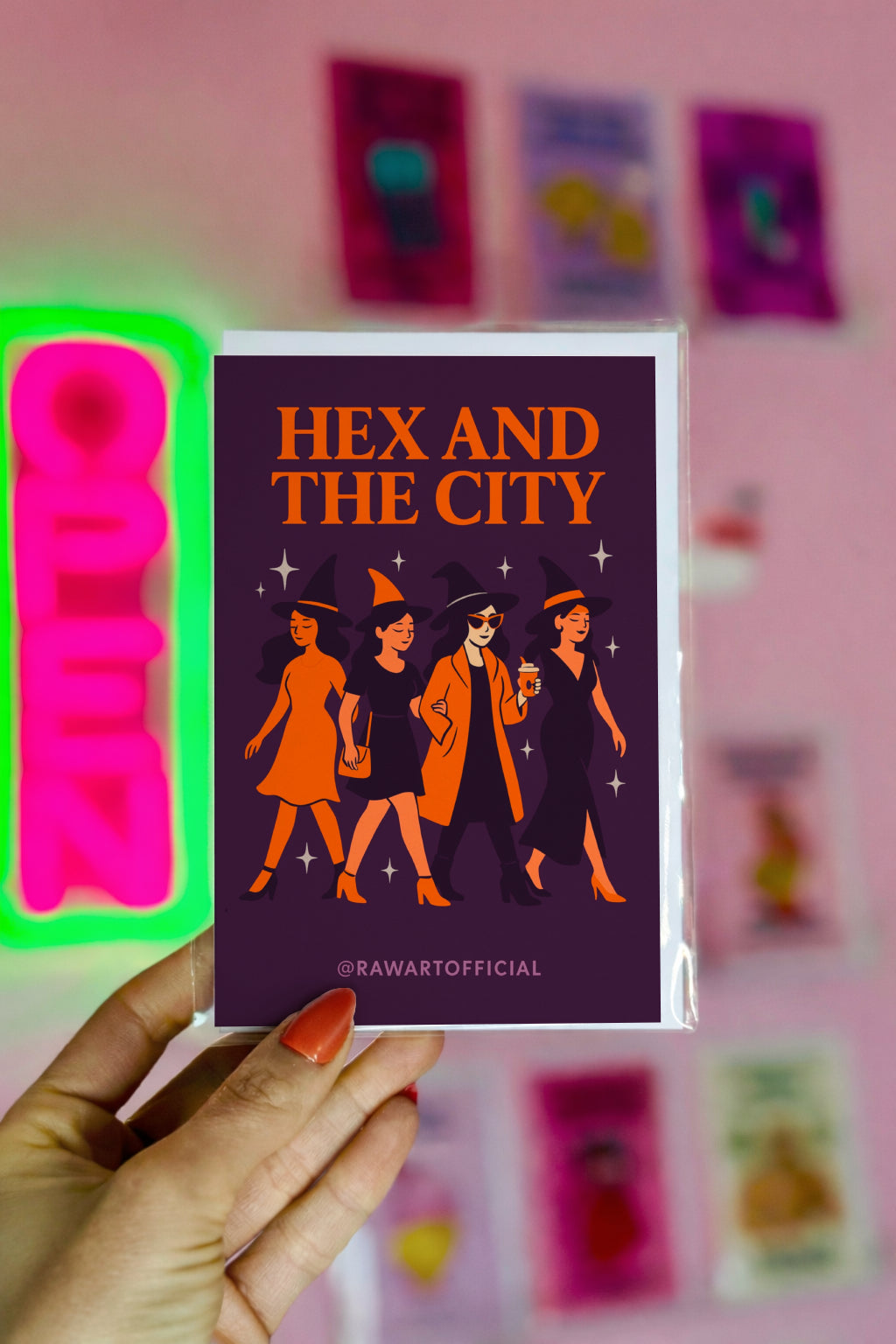 Retro witch-themed greeting card “Hex and the City” featuring four stylish witches in hats walking like a spooky girl gang.