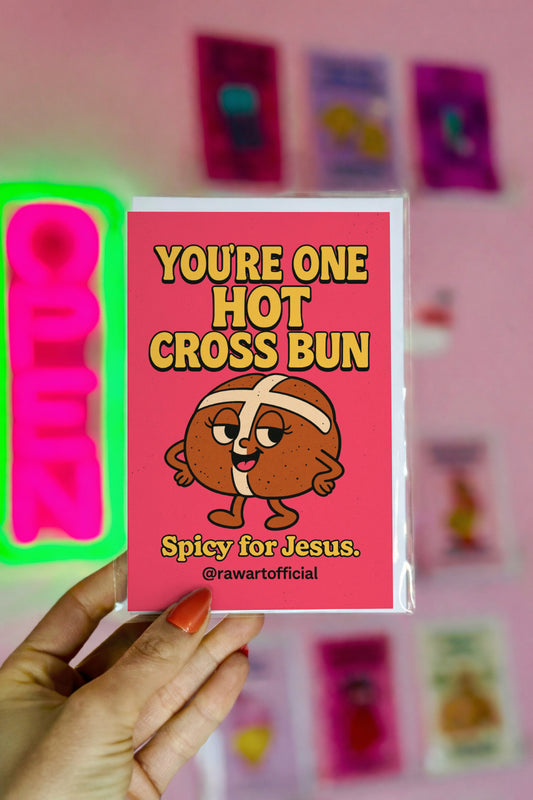 pink easter card with retro hot cross bun character and text you’re one hot cross bun spicy for jesus food pun design