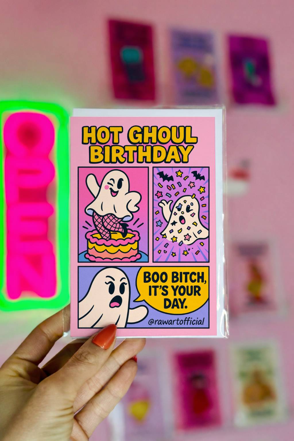 Retro cartoon ghost birthday card with fishnets, bats, and confetti – “Hot Ghoul Birthday.”