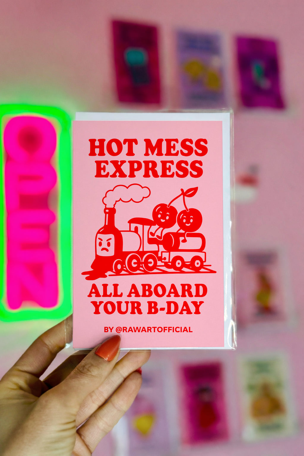 Retro birthday card with red cherries riding a cartoon train, text “Hot Mess Express – All Aboard Your B-Day.”
