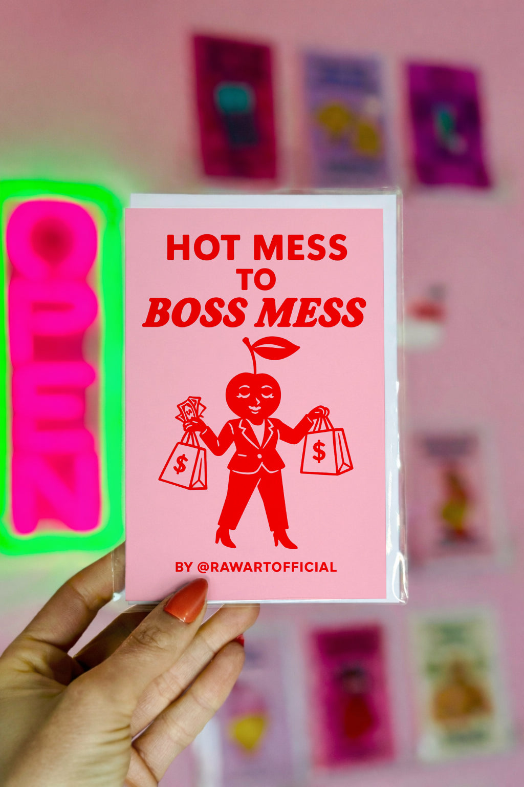Retro pink greeting card with bold red cherry design and text “Hot Mess to Boss Mess,” funny promotion and new job celebration card.