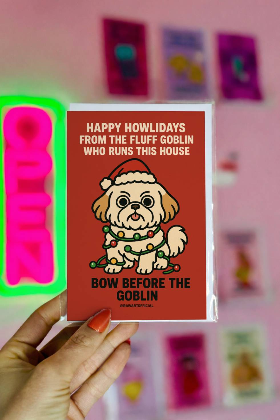 Funny Shih Tzu Christmas card with dog wearing Santa hat tangled in lights and text “Happy Howlidays From the Fluff Goblin Who Runs This House Bow Before the Goblin.”
