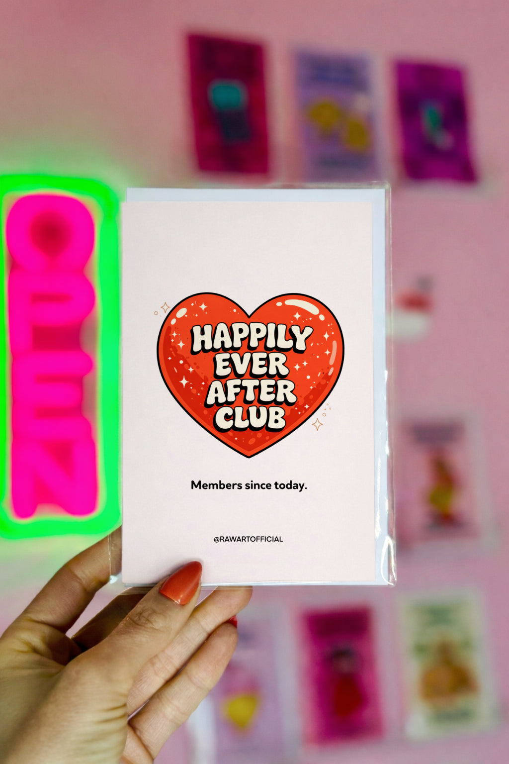 Funny wedding congratulations card with red heart and text happily ever after club members since today modern wedding humor design